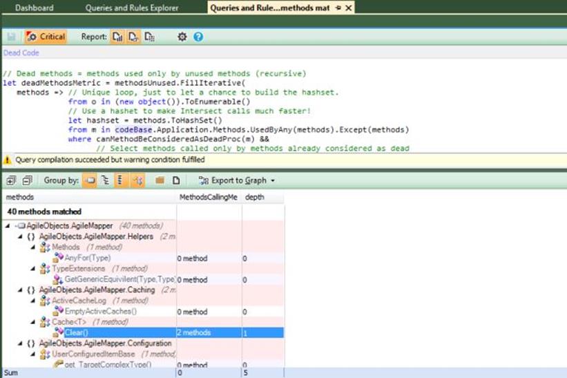NDepend Dead Methods Linq query